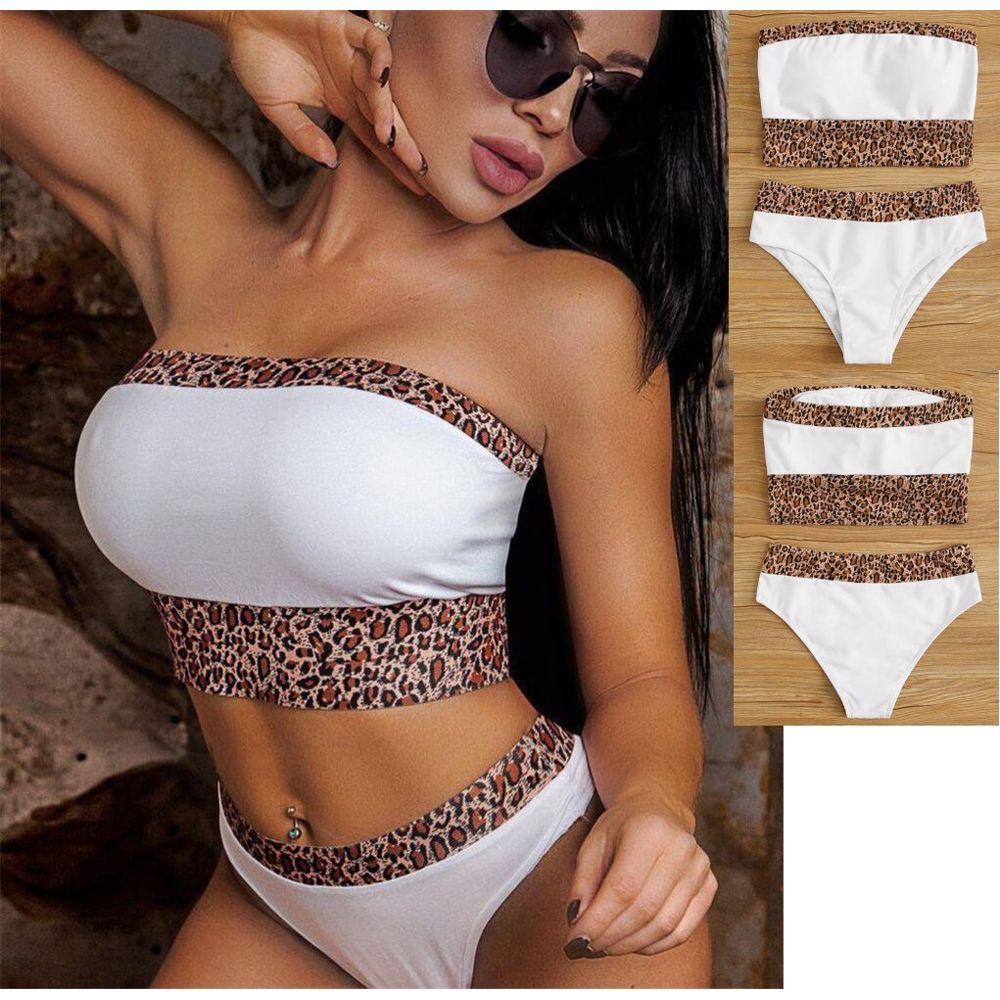 Ladies  Leopard Print Splicing Strapless Swimsuit Bikini Adults Women Split Bikini Set Summer Swimwear Beachwear