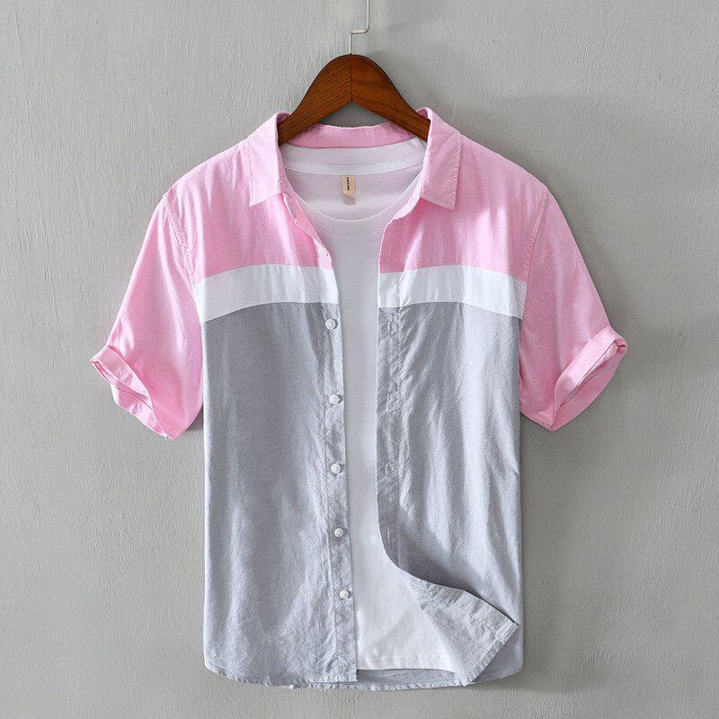 Short Sleeve Summer Shirts Men Turn Down Collar Pockets Patchwork Japan Minimalist Casual Cotton Shirts Comfortable Thin Tops