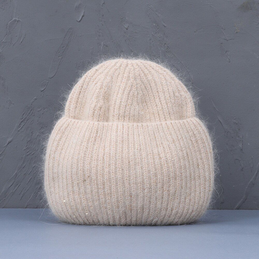 Autumn Winter Rabbit Hair Winter Hat Warm Beanies Hats Casual Women Solid  Cashmere Knitted Beanie Hat with Bright Wire