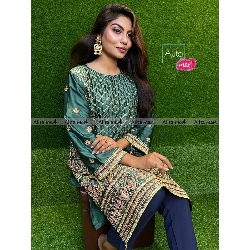 Alita Mart Featuring Pakistani Bin Saeed Ladies Kurti 1 Piece-Bottle Green