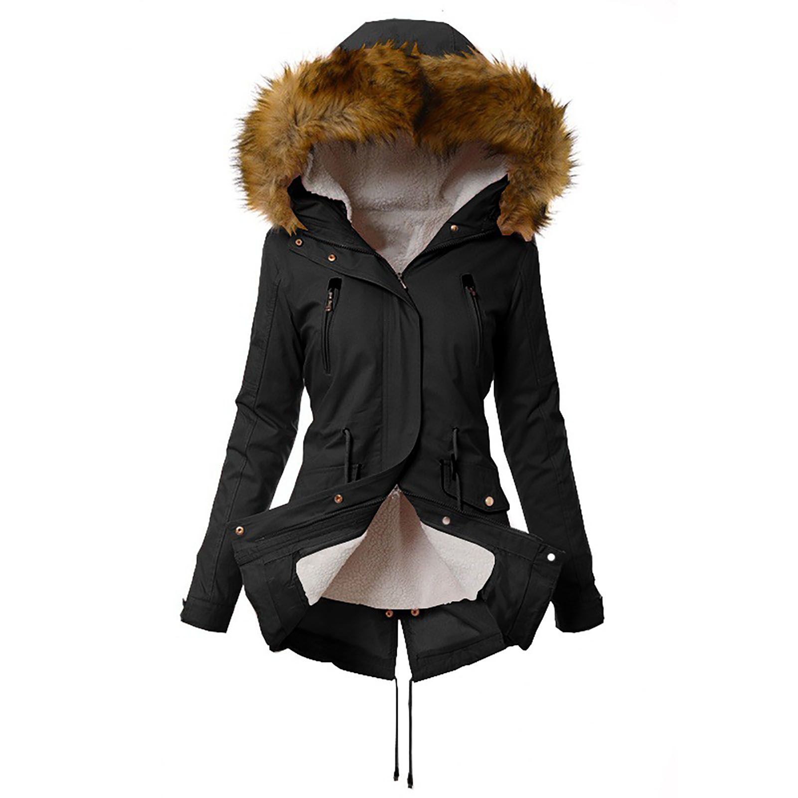 Women Coat Simple Fleece Lined Multi Pockets Winter Jket
