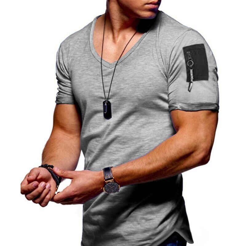 Short Sleeve Zipper Shoulder Streetwear  Hop Summer T Shirt Men Longline Curved Hem Tshirt Slim Funny T-Shirt Plus Size M-3XL
