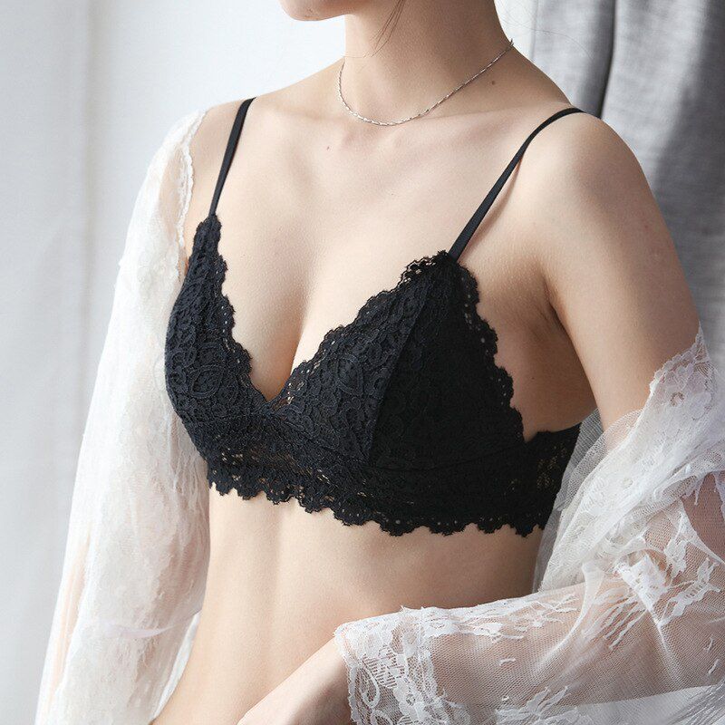 Ladies Small Boobs French Bralette Back Closure  Lace Bras Women Lingerie Brassiere Wirefree Triangle Cup Plunge Bra Top
