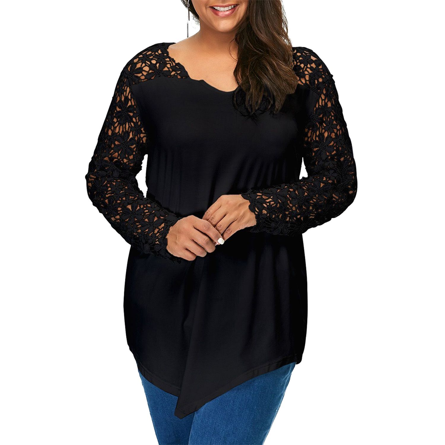 Women Sexy Flower T-shirt, Long Sleeve V-neck Lace Patchwork T-shirt Spring and Autumn Pullover