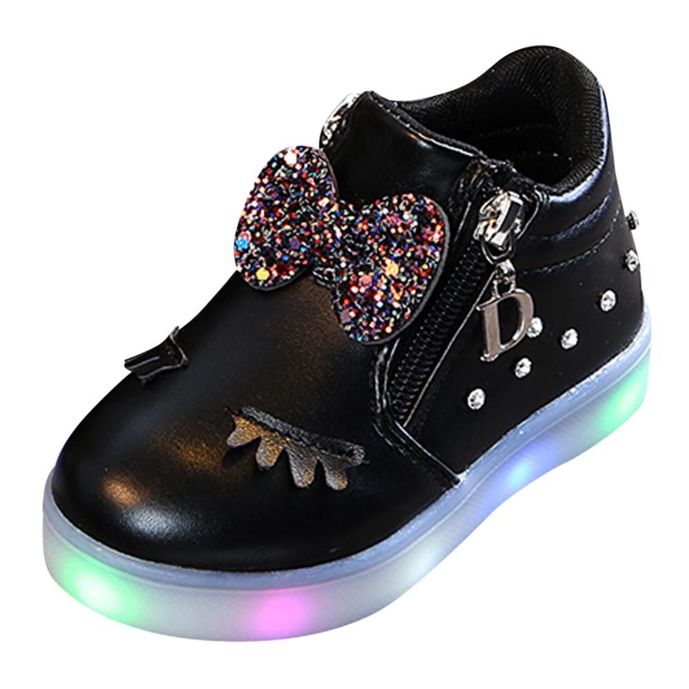 Kids Baby Infant Girls Crystal Bowknot LED Luminous Boots Sport Shoes Sneakers