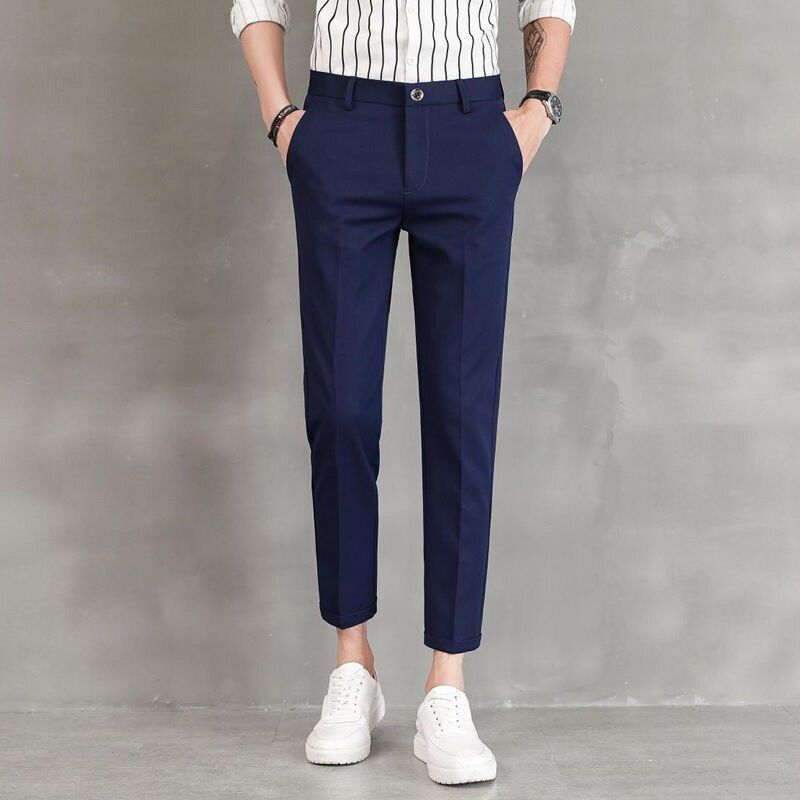 Men Business Casual Trousers Men's Slim Fit Straight-Leg Trousers Black Suit Pant Capri Pants