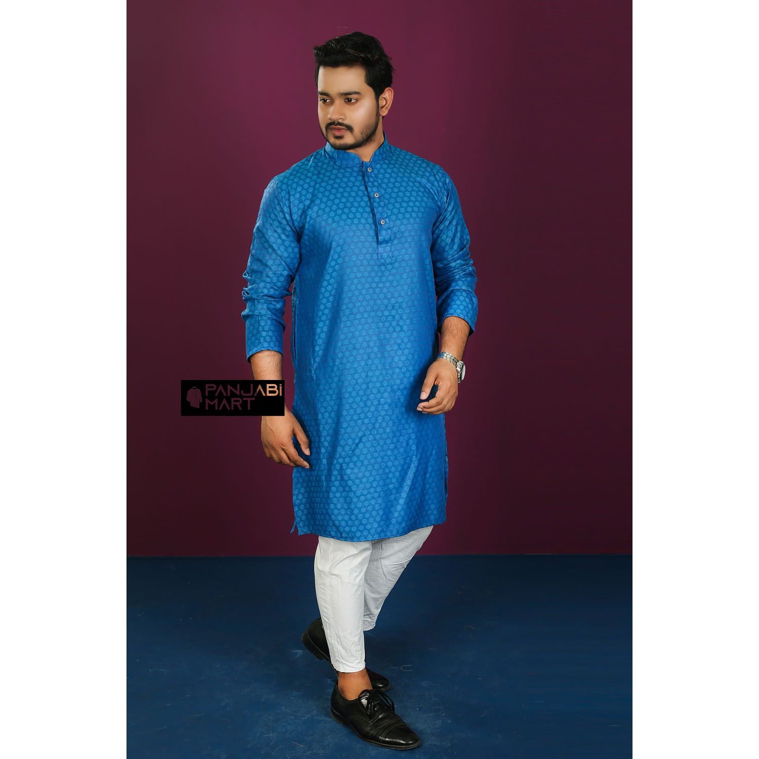 Blue Color Silk Semi Long Panjabi