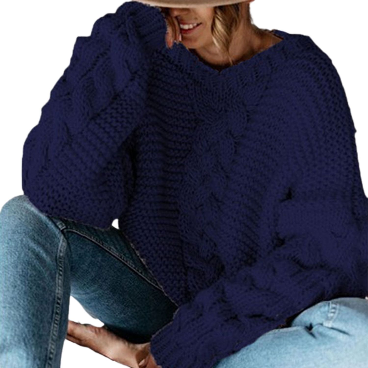 Sweater Jumper All-Match Solid Color Coarse Yarn Women Sweater