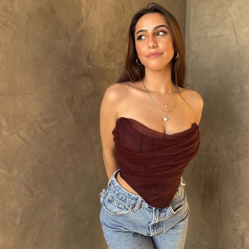 Corset Top Women Sleeveless Off Shoulder Female Boned Cropped Streetwear Bustier Mesh Crop Top White