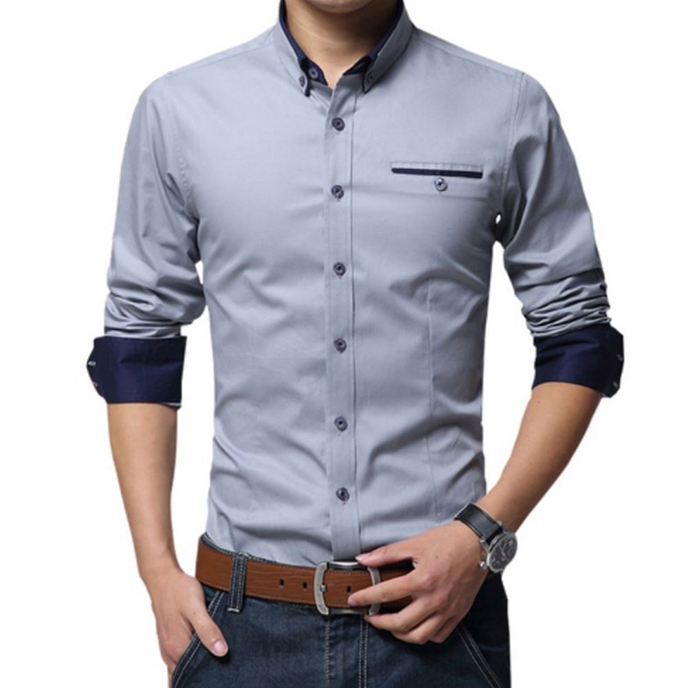 Fashion Men Solid Color Long Sleeve Turn Down Collar Shirt Slim Fit Blouse Top