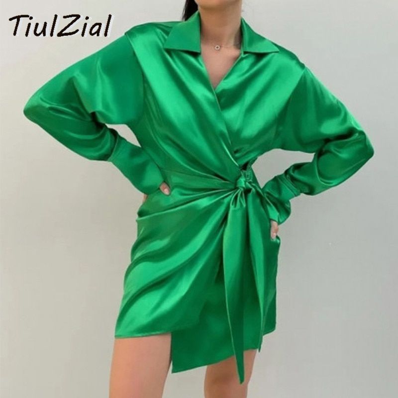 TiulZial Green Long Sleeve Mini Satin Dress Nothed Lace Up Bandage Wrap Summer Dress High Waist Casual Shirt Dresses Women Blue