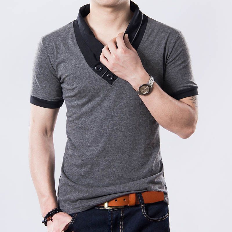 New Plus Size Summer Mens T-Shirts Fashion 2021 Slim Short Sleeve Patchwork V Neck Cotton Black T Shirt Men Button Tops & Tees