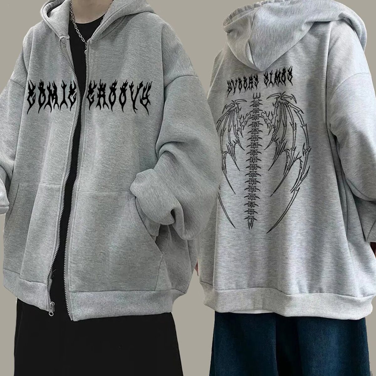Dark Style Goth Couple  Hop Harajuku Tops Lover Skull Wing Evil Flame Print Hoodies Streetwear Sweatshirts Oversize