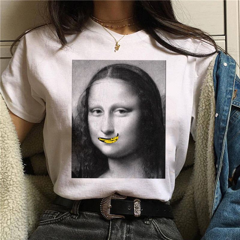 Harajuku aesthetic tshirt women Mona Lisa spoof personality oil painting Tops Female T-shirt Vintage 90s Cartoon korean clothes