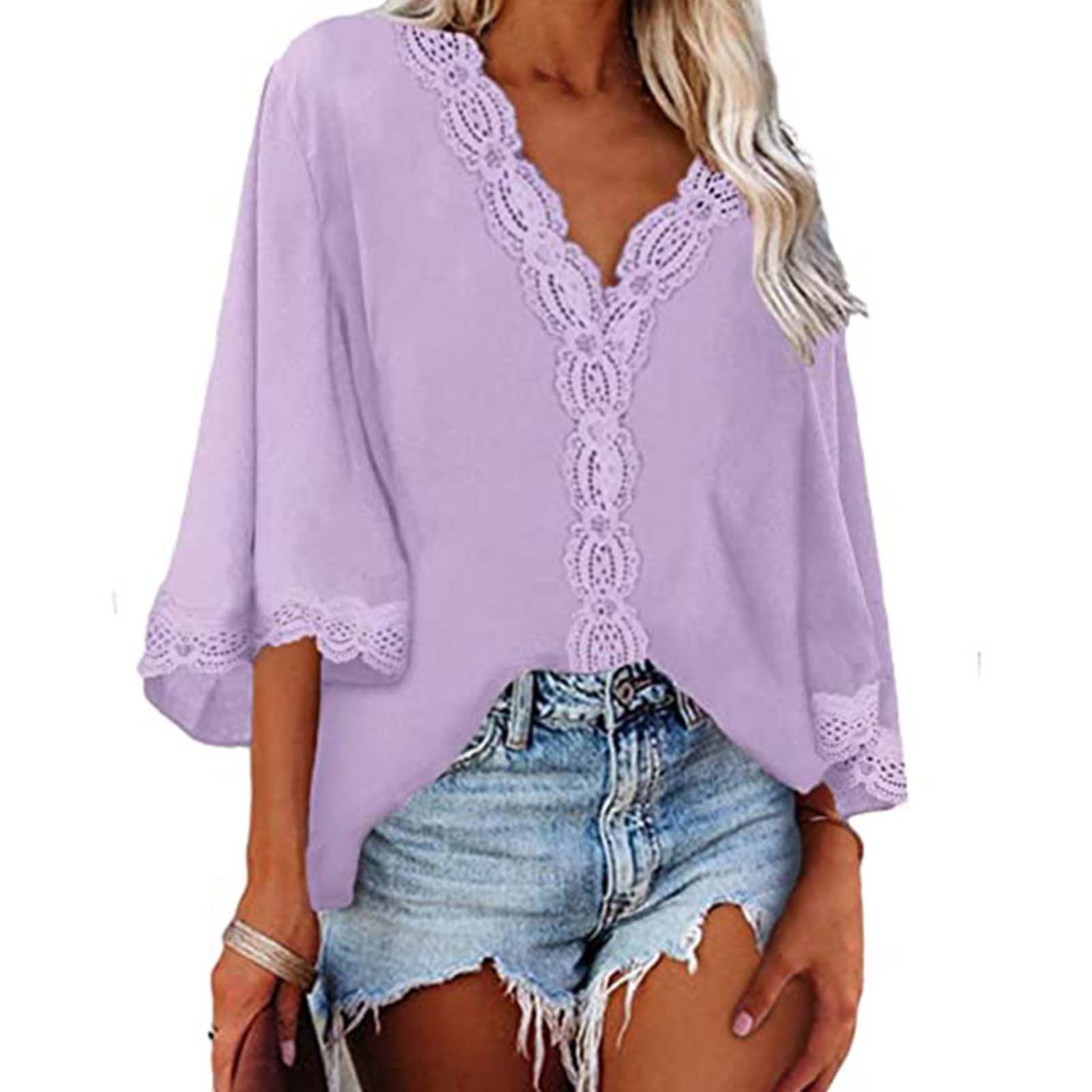 Summer Shirt Fine Crafts Solid Color Le Trim Pullover Blouse