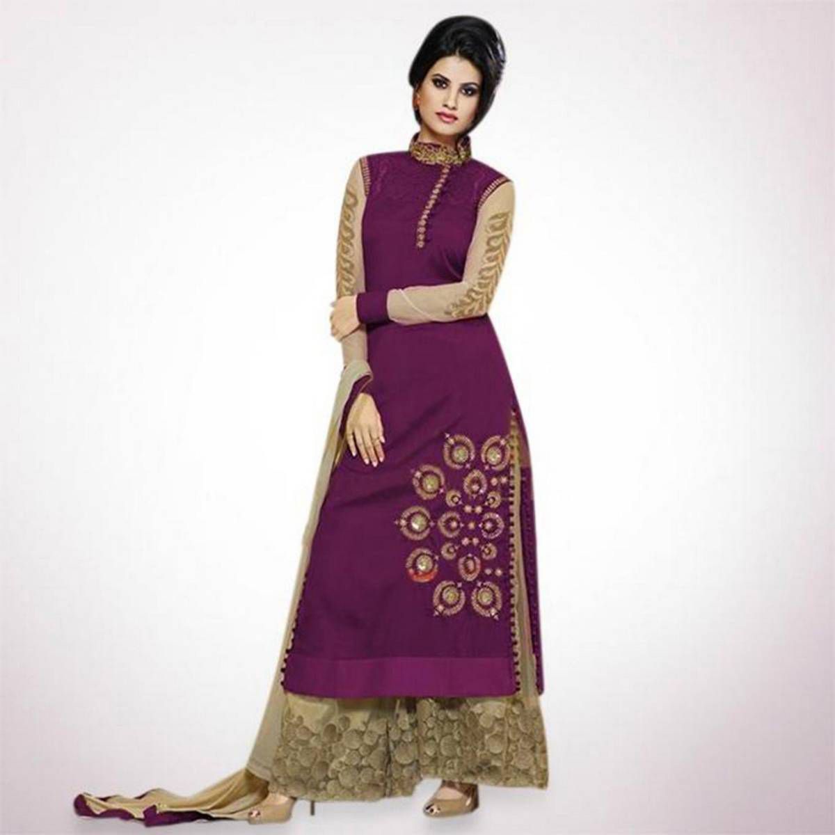 Fashionable Purple and Golden Georgette Unstitched Shalwar Kameez for Women