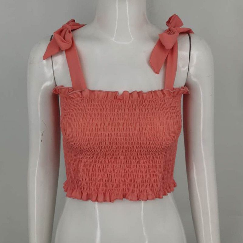 New Summer Autumn Tube Crop top Women Bow Tie Strap Ruched tank Top Lettuce Edge Elastic Camis 5 colors