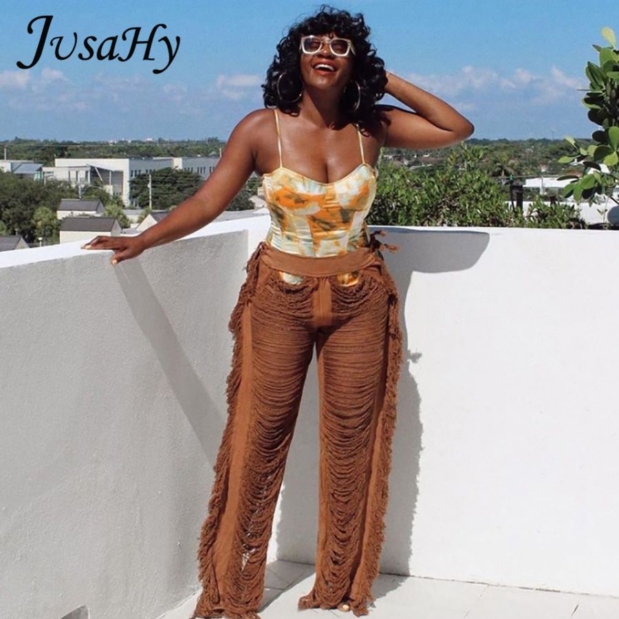 Solid Knitted Straight Pants for Women Hipster Tassel Hollow Out High-Waist Bottoms High Streetwear Female Trousers