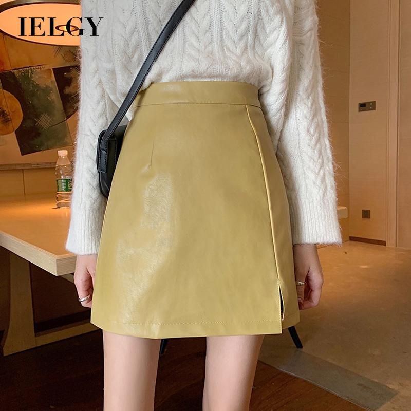 IELGY Women's skirts high waist Solid color A-line casual leather retro all-match skirt fashion