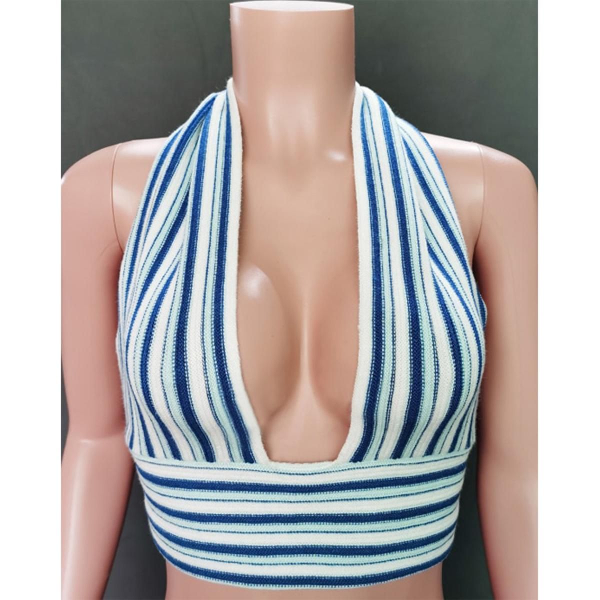 Women Tank Tops Deep V Neck Knit Crop Top Girls Backless Off Shoulder Summer Beach Stripe Bandage Backless Vest Tops