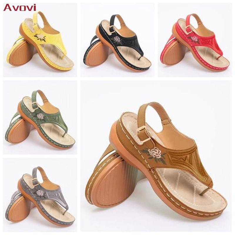 Women Retro Sandals Casual Flower Pattern Flip Flops Ladies Non-slip Sandal