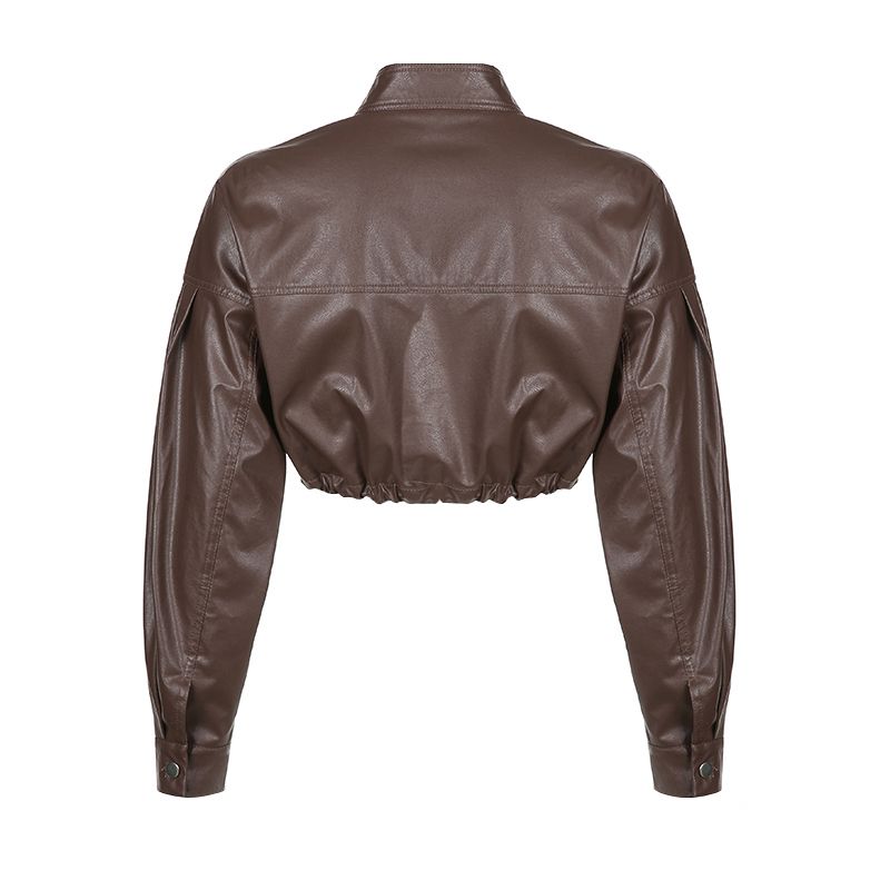 Women Leather Coat with Pockets and Drawstring Design, Brown Button-down Collared Jacket, S/ M/ L