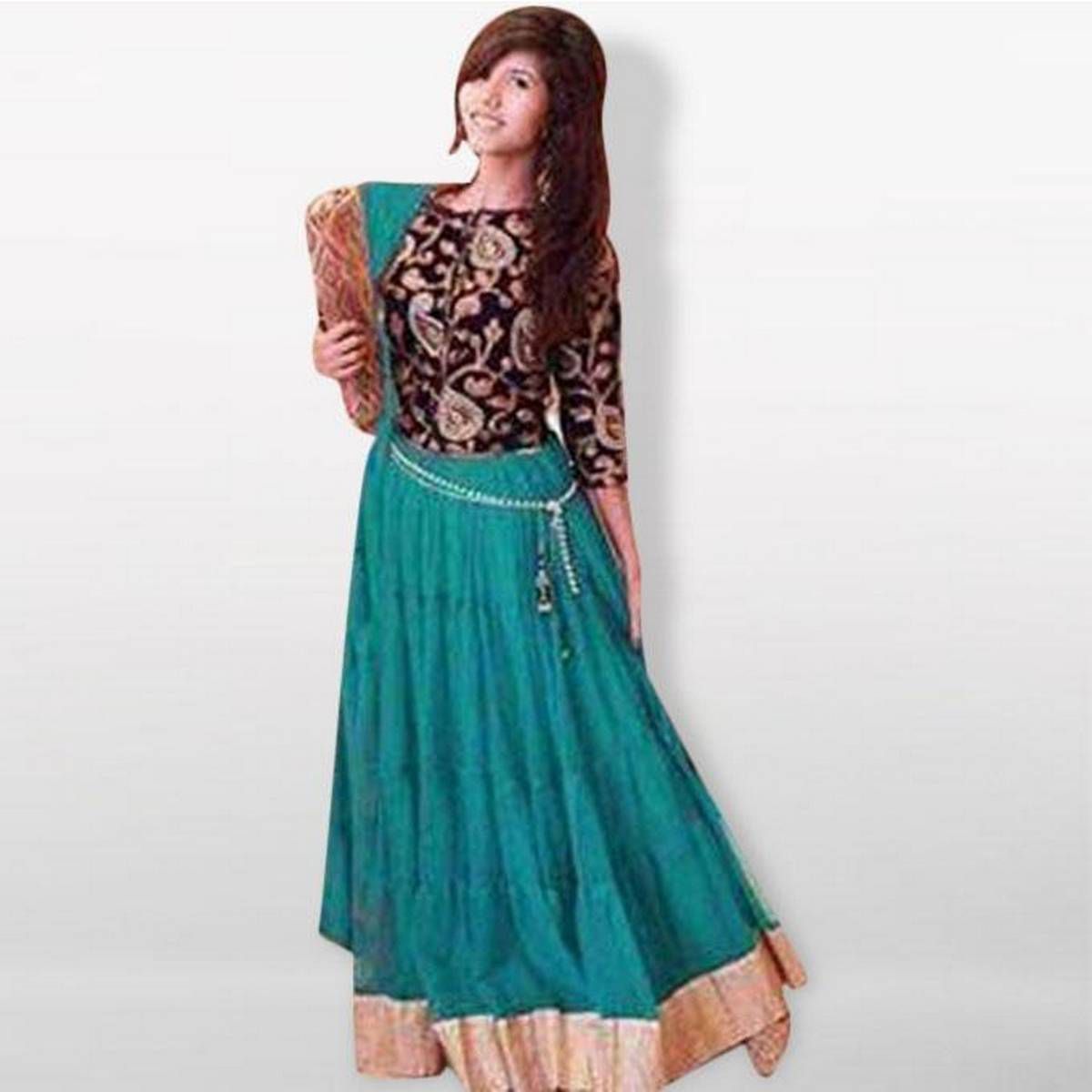 Light Sea Green and Black Georgette Lehenga For Women