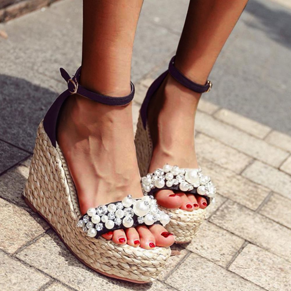 Shoes For Women New Casual Shoes ClearanceWomen's Shoes Women's Peep Toe Wedges Platforms Wedding Ankle Buckles Pearl Crystal Sandals