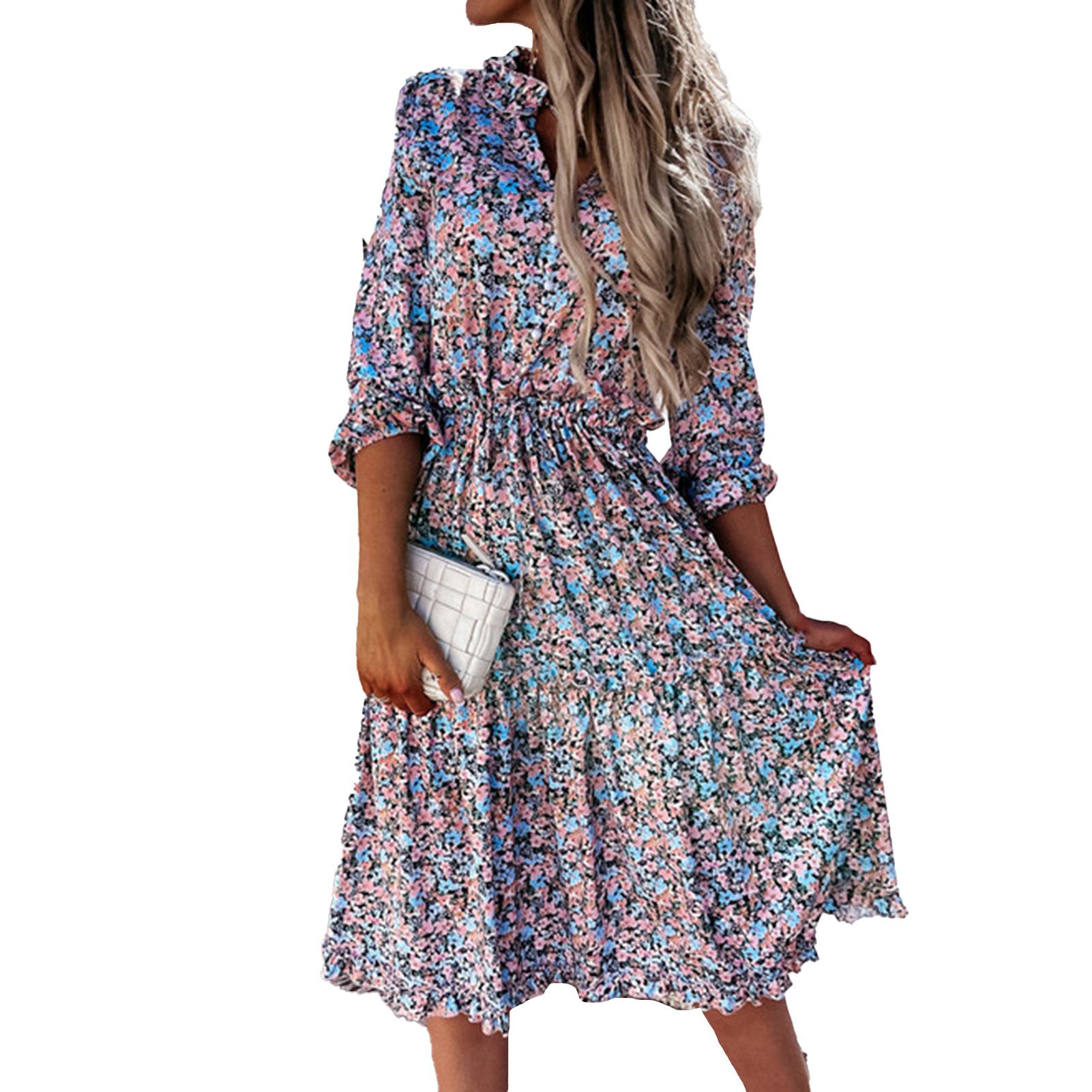 Women Dress Floral Print Long Sleeve Summer V Neck Large Hem Dress for Daily Wear