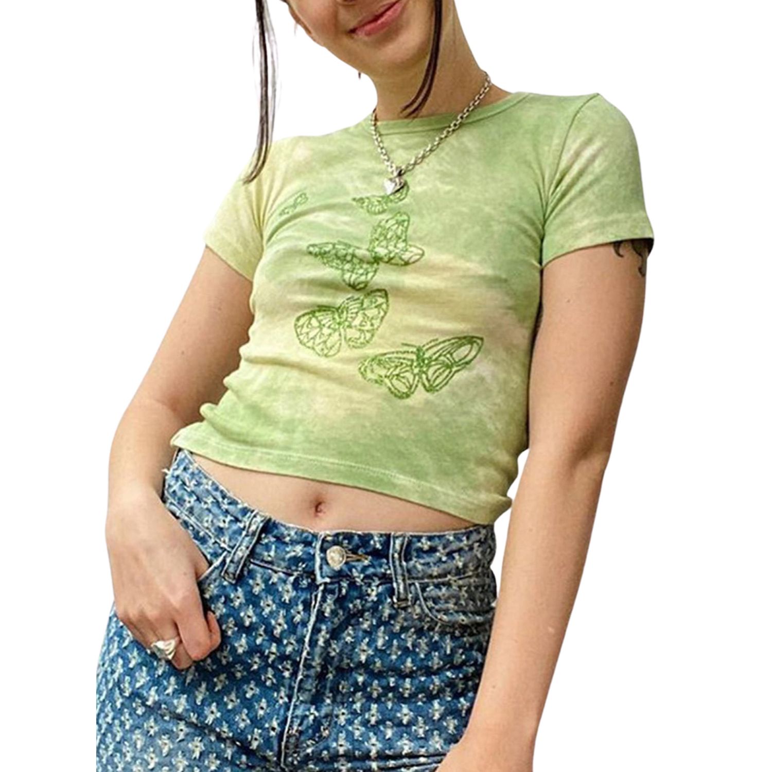 Women Close-fitting T-shirt, Green Butterfly Printed Pattern Round Collar Short Sleeve Crop Tops, S/