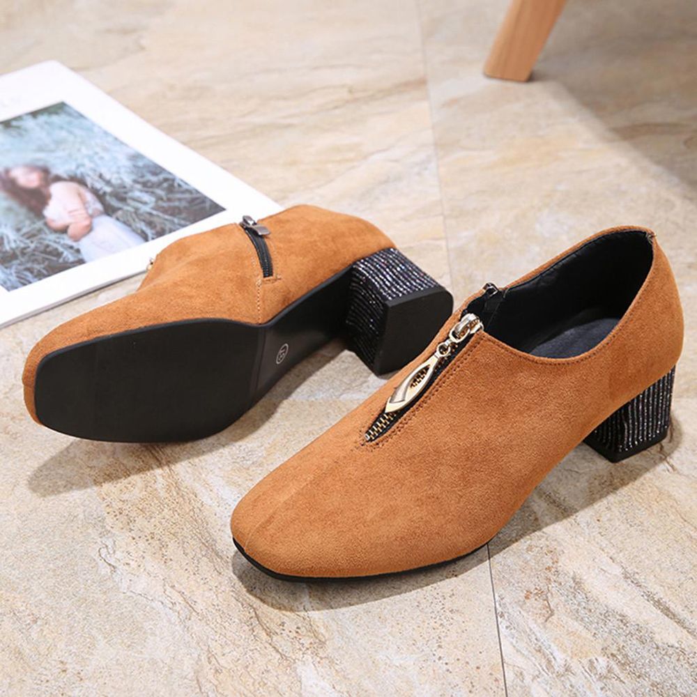 Women's Fashion Casual Square Heels Zipper Short Ankle Boot High Heels Shoes