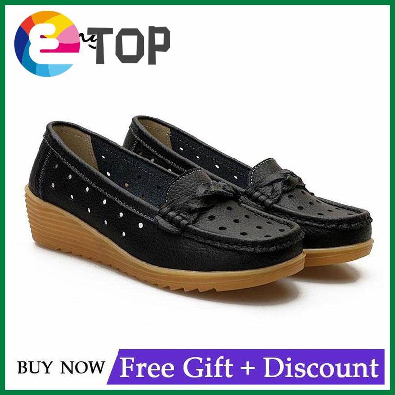 NEW Women Cow Leather Wedge Heel Slip-on Shoes Hollow Out Non-slip Mother Loafers High Quality Round Toe Flexible Flats Driving Shoes (Black,White,Orange,Yellow)