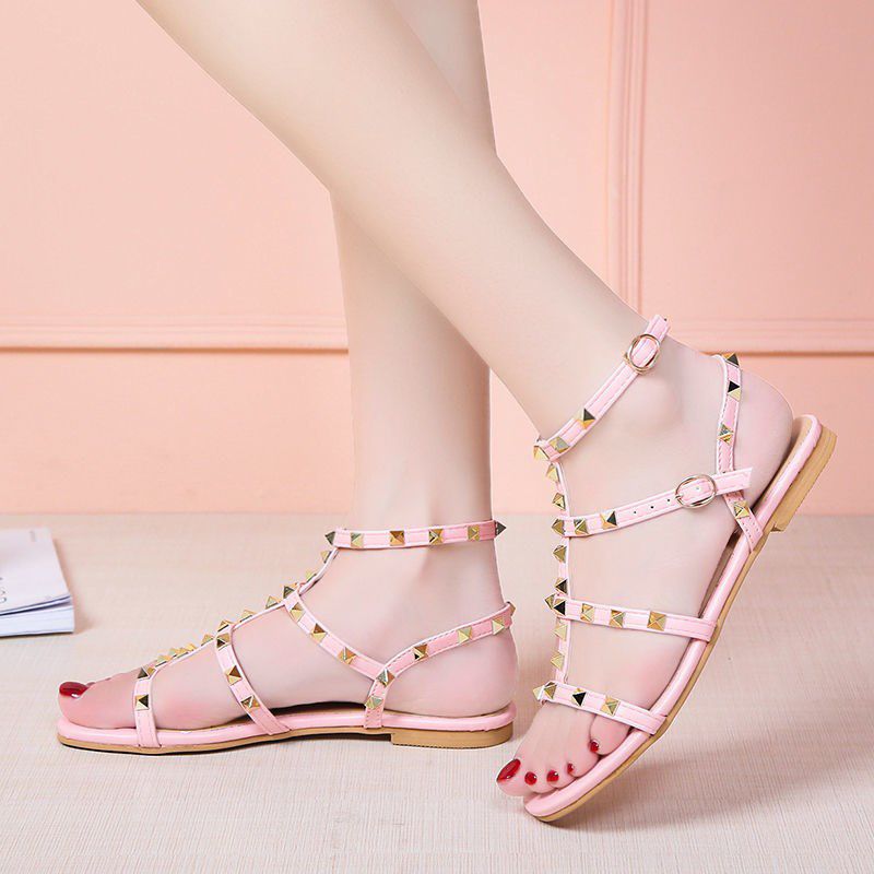 21 new sandals women  new flat Roman shoes students Korean version of wild open toe one buckle with rivet beach