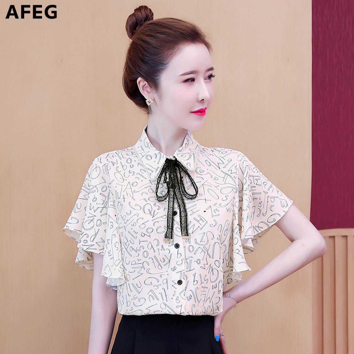 new Korean women's short-sleeved printed chiffon casual fashion all-match gant temperament blouse