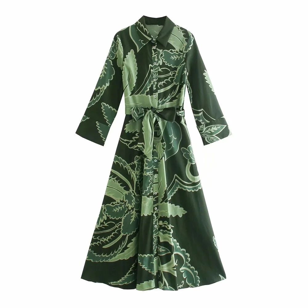 Fashion printing Poplin Lapel Seven points Sleeve Summer Women's Dress 2021 Casual Chic Loose Female Clothing Robe Dresses