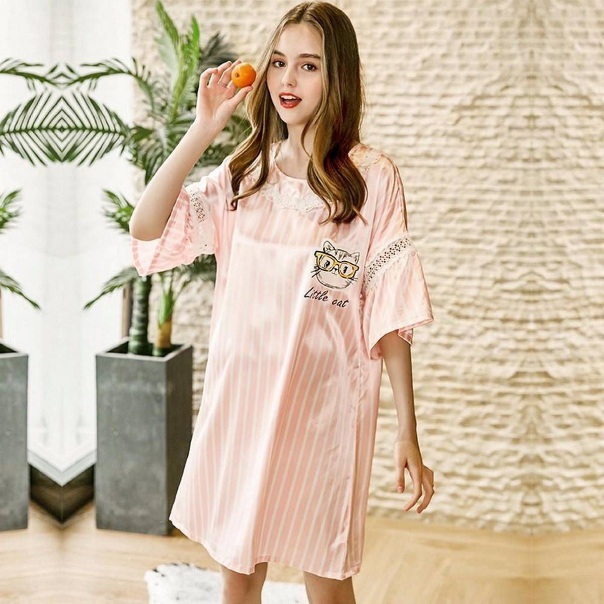 Women\'S Striped Dress Pajamas Nightwear Casual Nightdress Fashion Nightgown Summer Homewear Pink/Xl