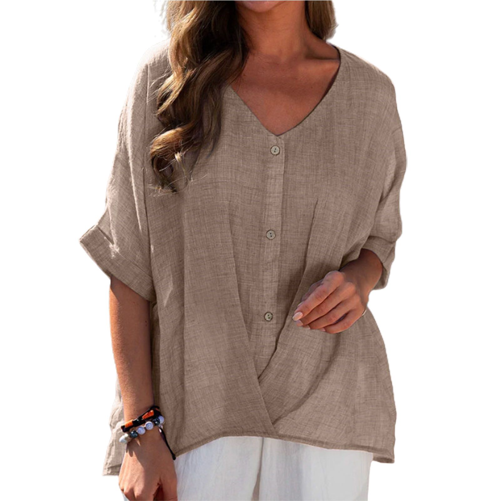 Sunnyheart Women Shirt All Match Solid Color Half Sleeve Pullover Blouse