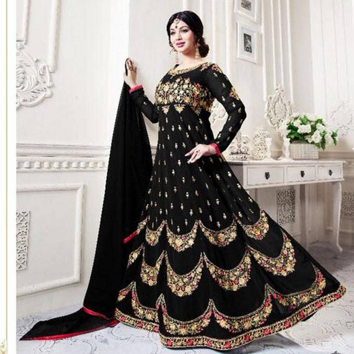 Unstitched Black and Golden Georgette Gown For Women