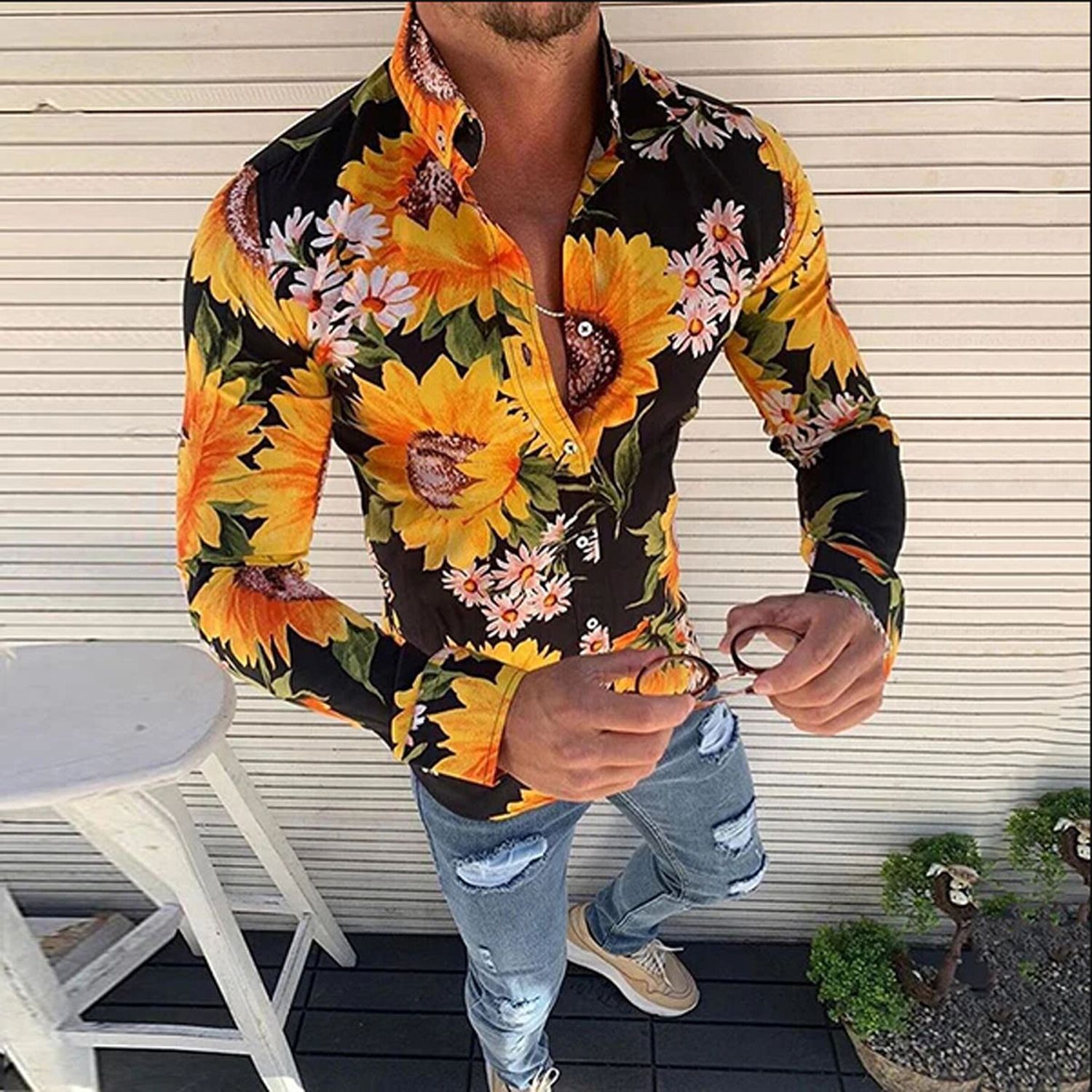 Men's Casual Shirts Floral Print Shirt Male Long Sleeve Button Up Shirt Slim Fit Spring Autumn Smart Casual Shirts Holiday