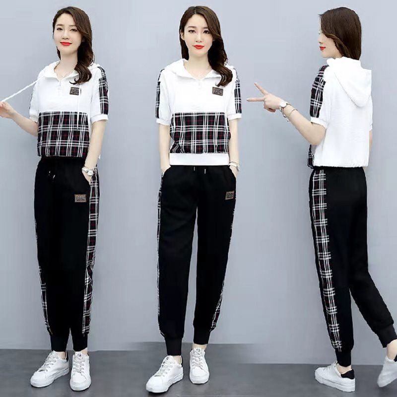 2 Pcs/set Women Sports Suit Hooded Pullover Stitching Short-sleeved -shirt Fashion Pants Outfits color