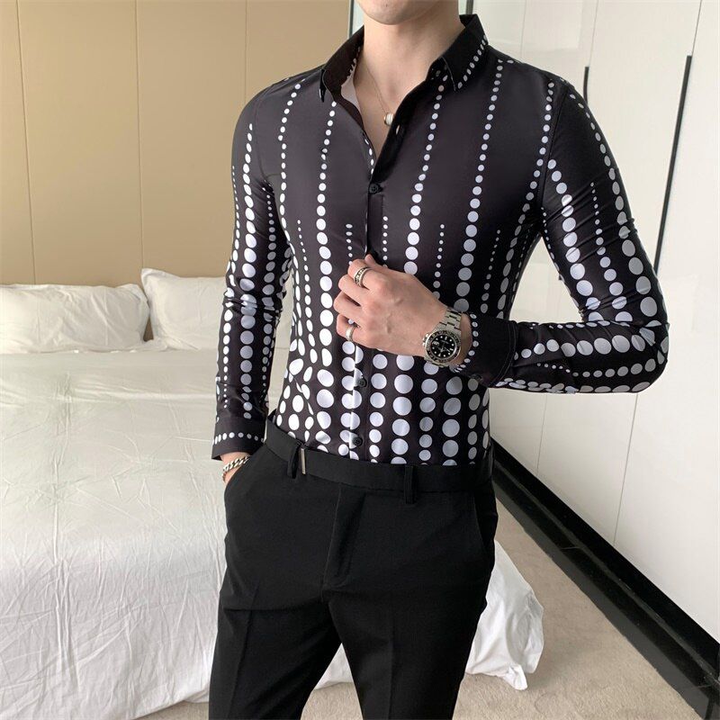 Korean Fashion Men Dotted Shirts Autumn New Long Sleeve Men Shirt Formal Wear Slim Fit Casual Work Shirts for Men Clothing 3XL-M