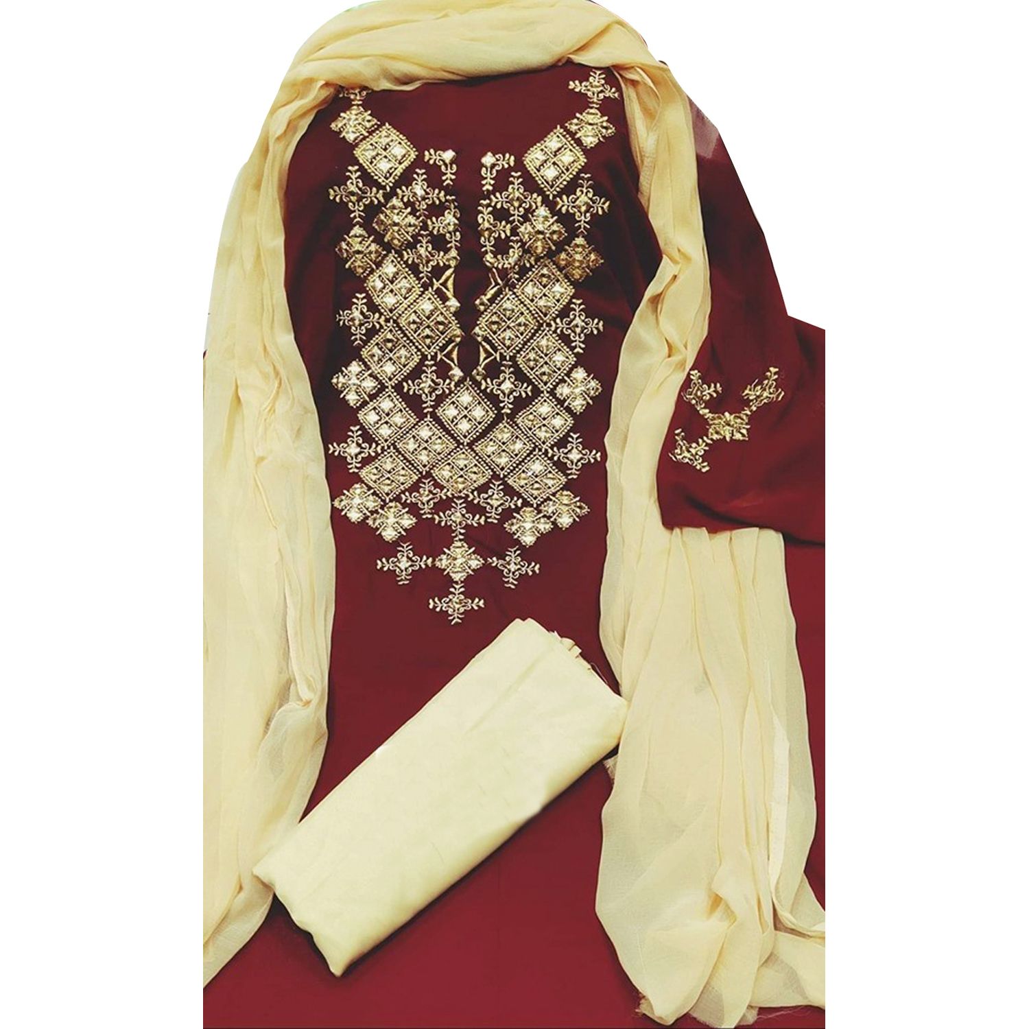 Marun Color Indian Unstitched  Georgette Embroidery Work Salwar Kameez For Women {3 Piece}