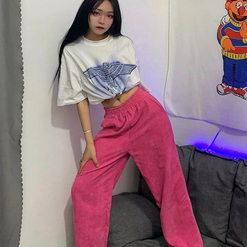 Pink Corduroy Wide Leg Pants Women Korean Style Summer Straight High Waist Trousers Female Fashion Streetwear Aesthetic