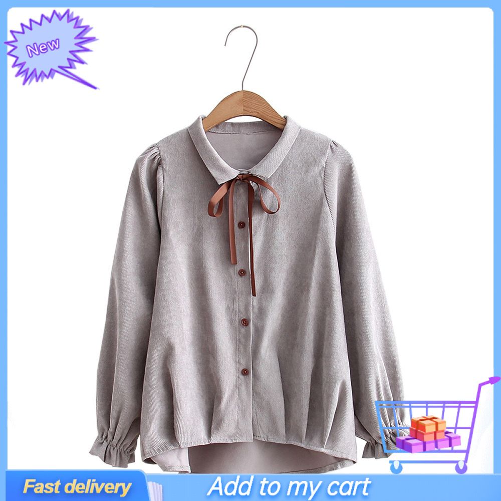 Stylish Corduroy Turn-Down Collar Long Sleeve Women Casual Shirt Blouse Top