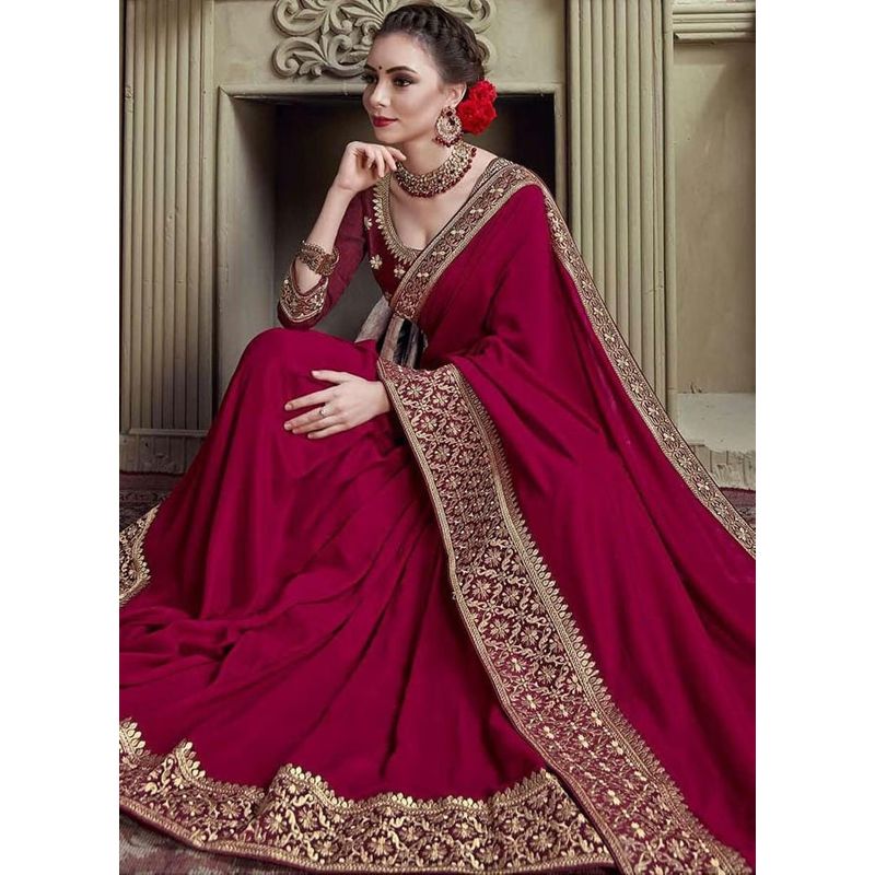 Indian Vichitra Silk  Saree Maroon Color High Quality Embroidery Work On Blouse