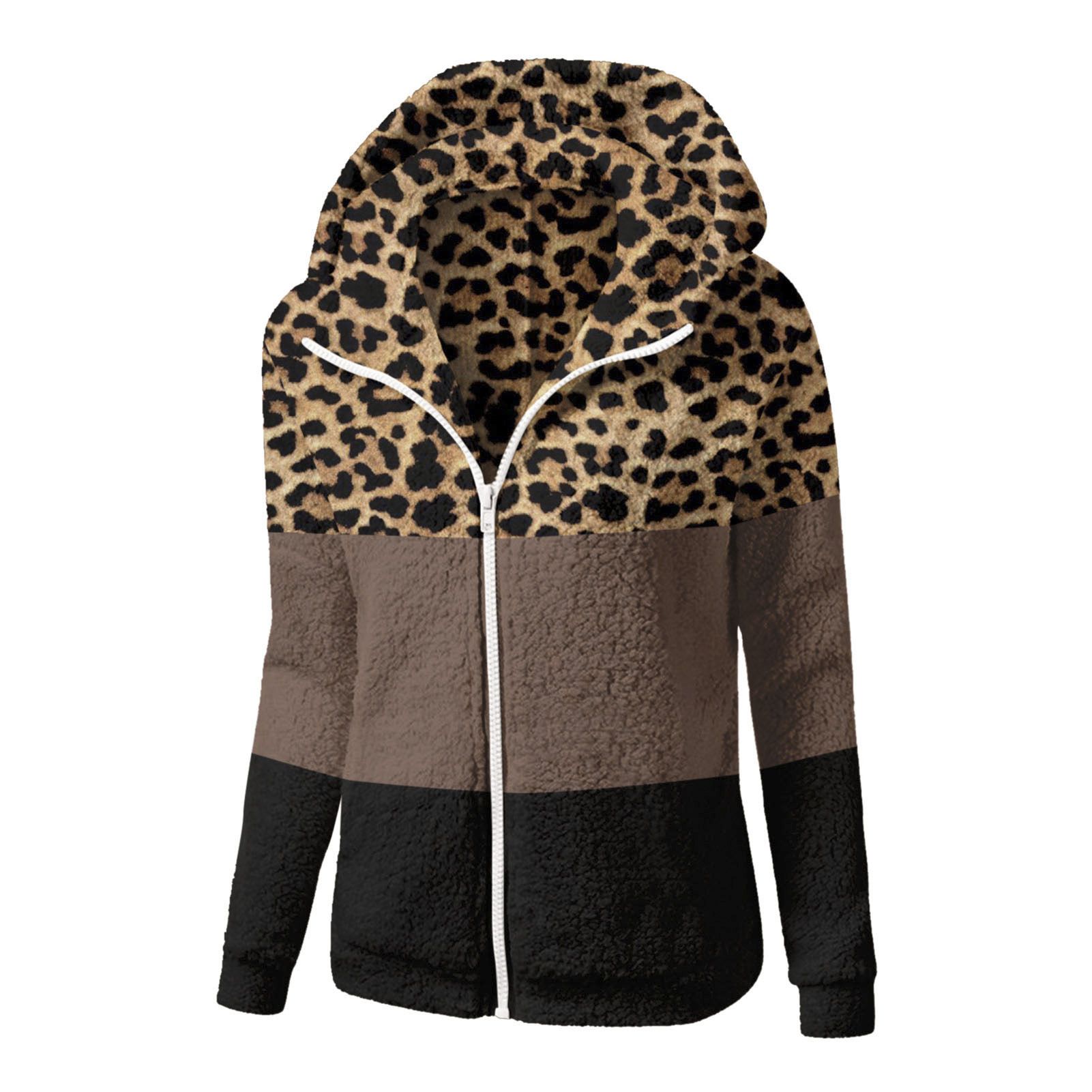 Women Coat Shrinkable Cuffs Leopard Patchwork Print Hooded Fluffy Sweatshirt