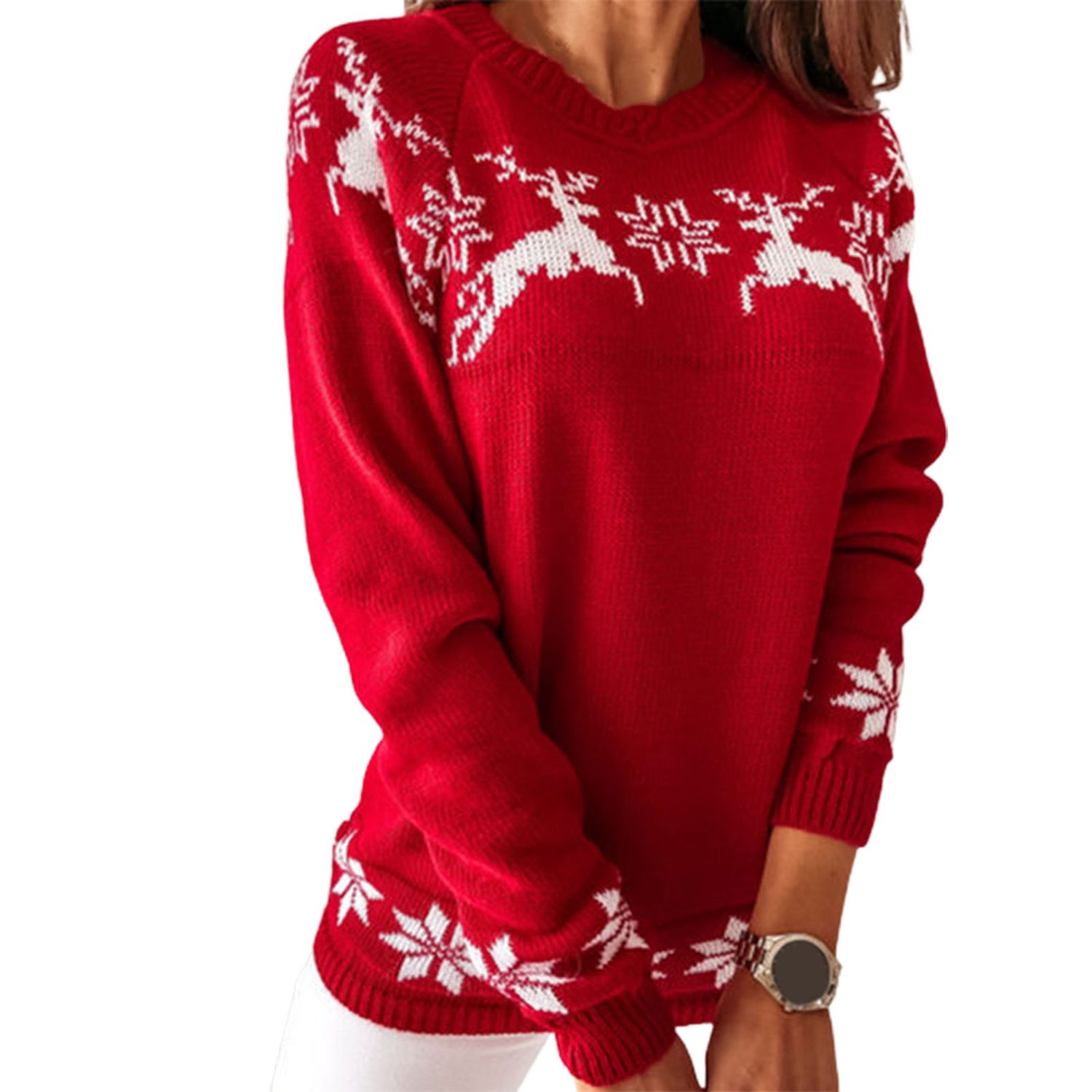 Autumn Sweater Elk Print O Neck Knitted Elastic Spring Sweater
