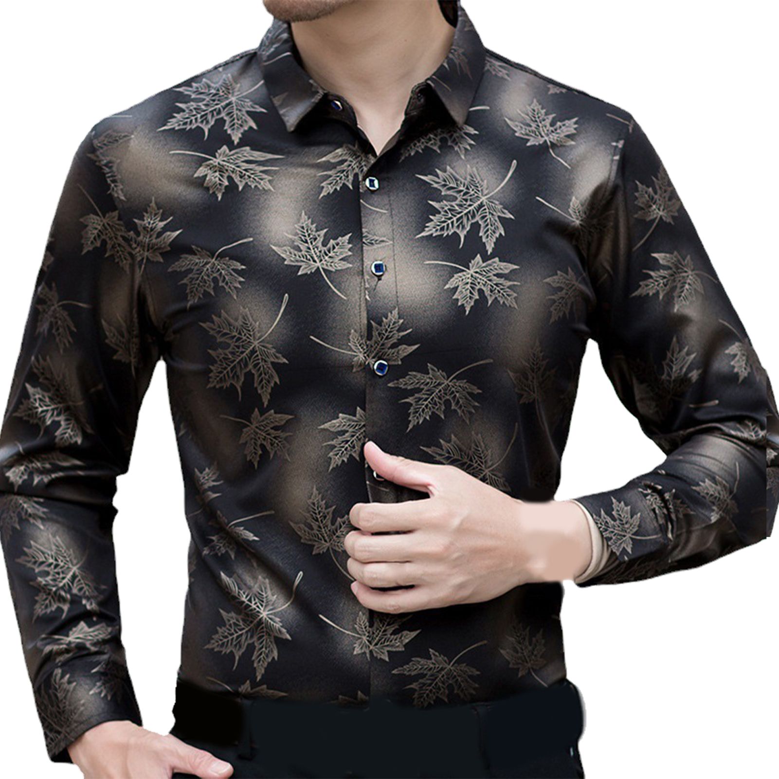 Male Blouse Maple Leaf Printed Casual Lapel Collar Men Shirt