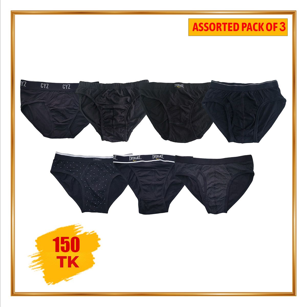 Pack of 3 Mens All Black Assorted Cotton Underwear Briefs