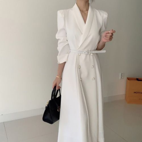 Spring Elegant Windbreaker Women's White With Belt Maxi Dress Korean Clothing Femme Robe Slim Suit Collar Double-ed Coat